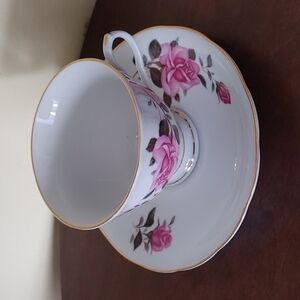 Chinese Cup & Saucer, Antique White‎ with Pink Roses